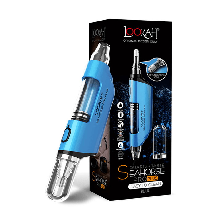 LOOKAH Seahorse Pro Plus Electric Nectar Collector in blue with quartz tip, shown next to retail packaging. Ideal for wax concentrate vaporizing.