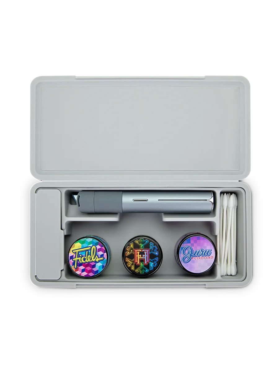 Puffco Travel Case Pearl – front open view showing silicone-lined storage for Pivot, Hot Knife, and jars.