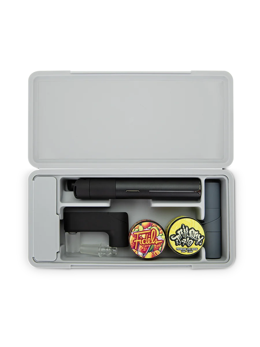 Puffco Travel Case Pearl – case open holding Puffco Pivot, Hot Knife, and jars in molded compartments.