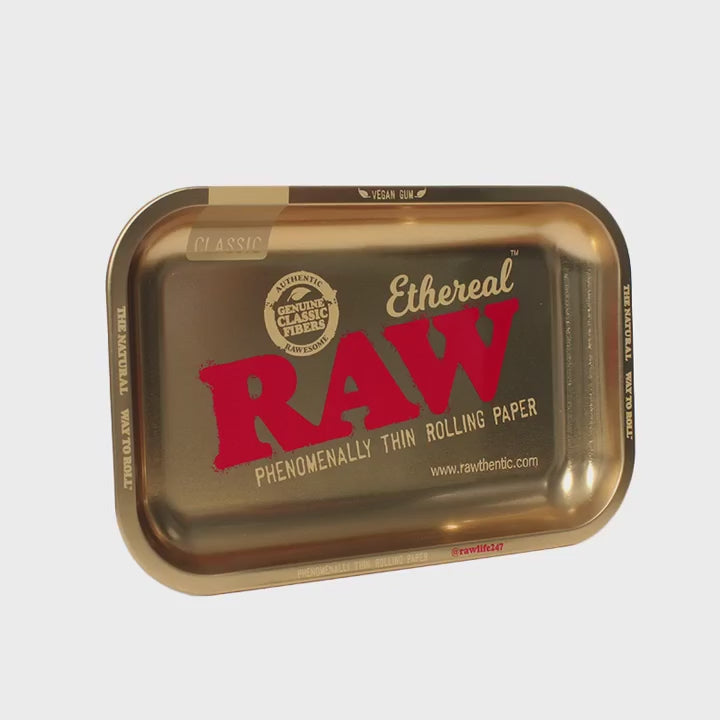 RAW Small Rolling Tray Ethereal – 360° spin view of gold tray showing beveled edges and glossy finish.