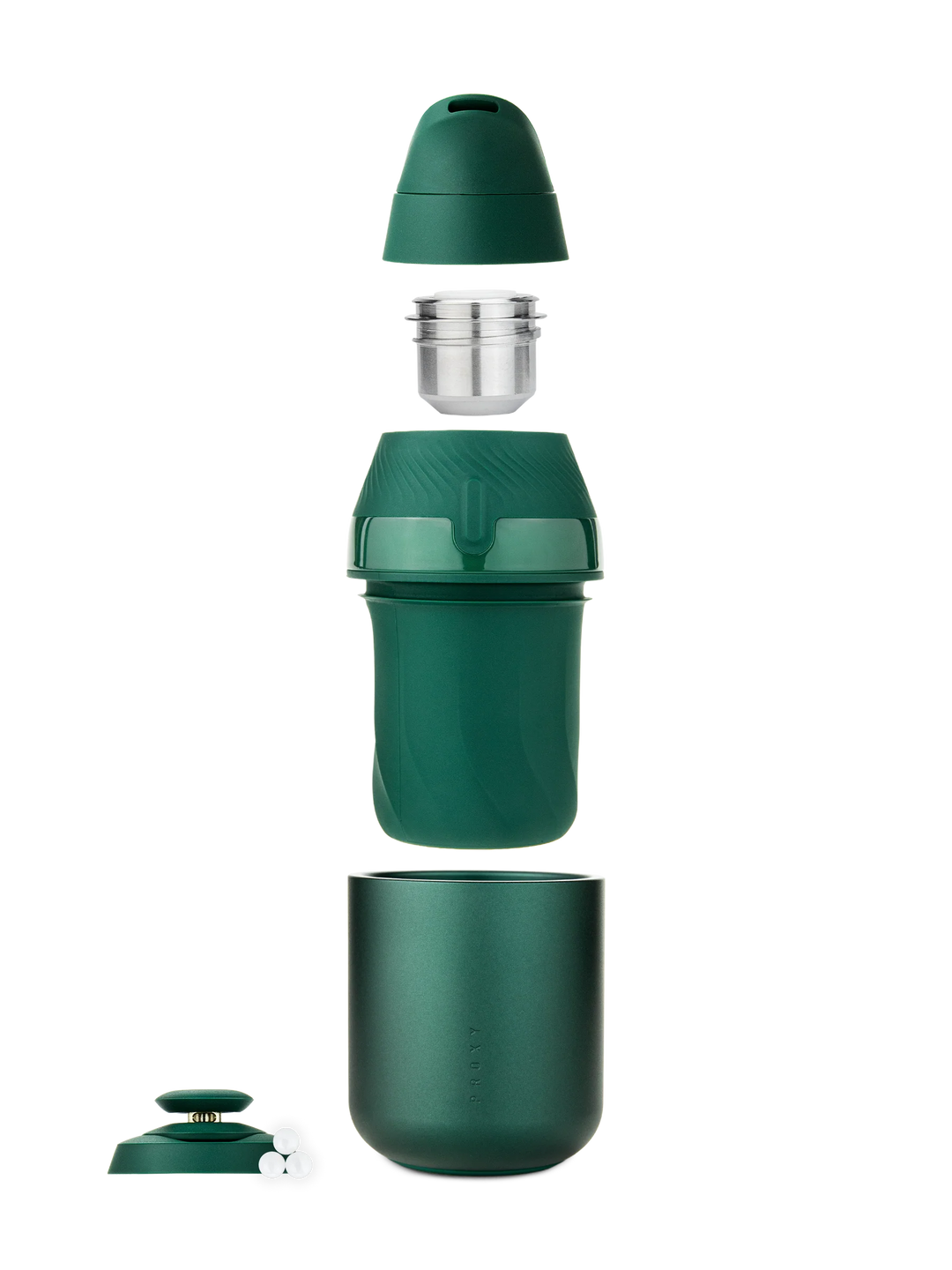 Puffco Proxy Core Kit in Pine exploded view — Proxy Base, Core Cup, Core Mouthpiece, terp pearls and Joystick Cap