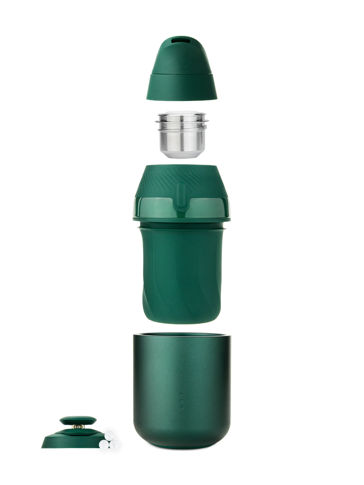 Puffco Proxy Core Kit in Pine exploded view — Proxy Base, Core Cup, Core Mouthpiece, terp pearls and Joystick Cap