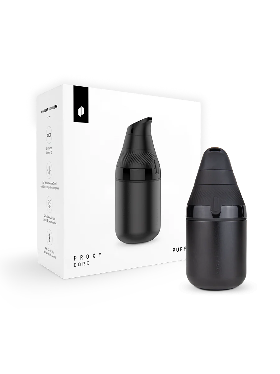 Puffco Proxy Core Kit retail packaging with device and accessories displayed in box