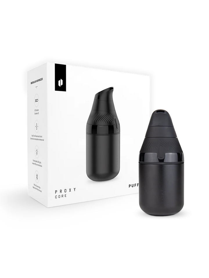 Puffco Proxy Core Kit retail packaging with device and accessories displayed in box