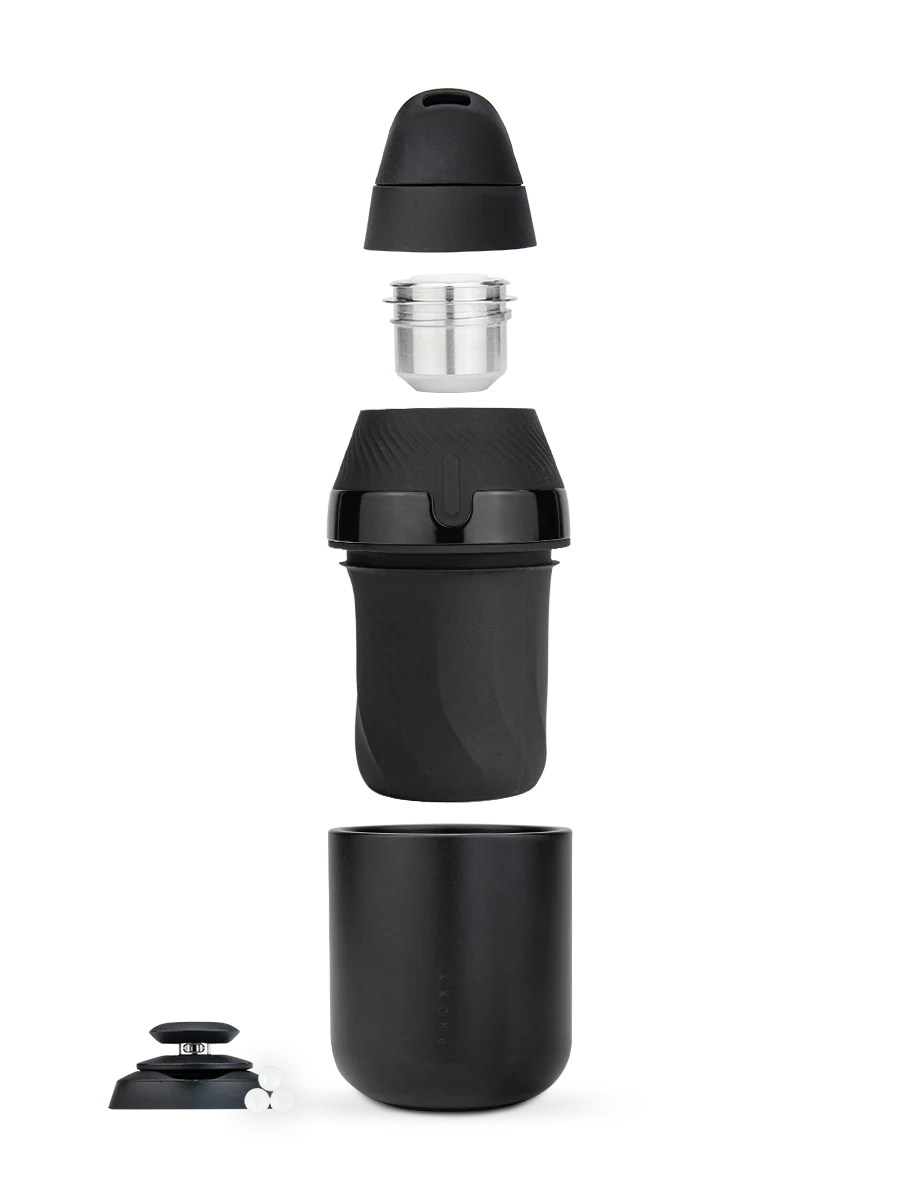 Puffco Proxy Core Kit exploded view showing base unit, chamber, cap, and modular components