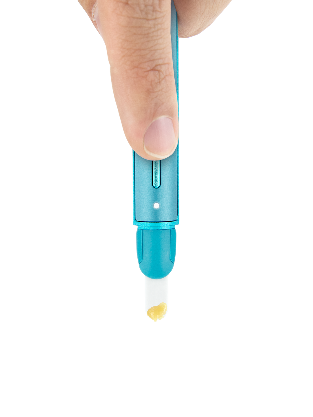 Puffco Hot Knife (New Version) in Glacier held tip down in the hand, loading concentrate with the heated ceramic tip.