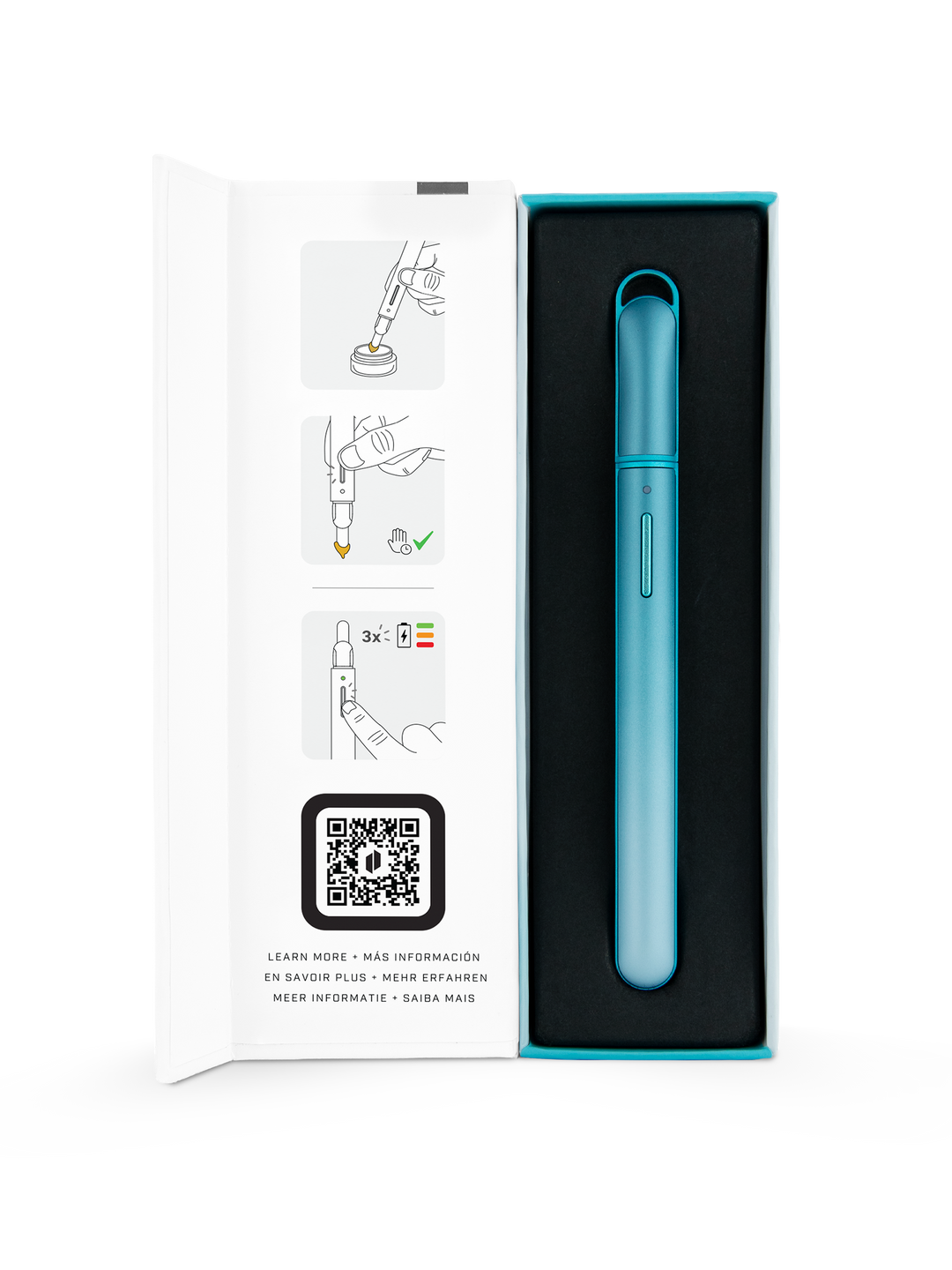 Puffco Hot Knife (New Version) in Glacier shown in its opened retail box. No USB-C charging cable is included.
