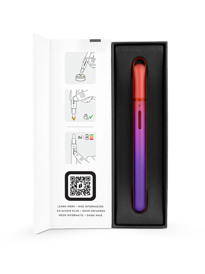 Opened Puffco Hot Knife (New Version) Plasma box showing the electric ceramic-tip dab tool, USB-C charging cable, and included accessories arranged in the retail packaging.
