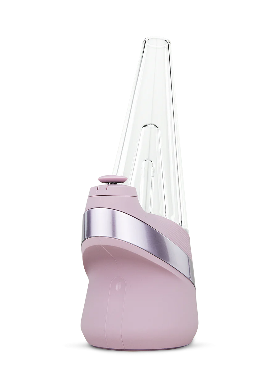 Puffco New Peak Vaporizer Bliss pastel pink silicone base with clear glass top smart e-rig front-left angle