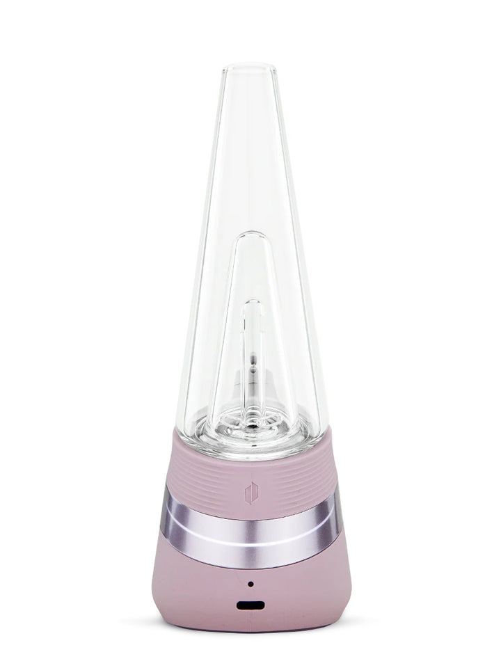 Puffco Peak Bliss – back angle highlighting airflow channel and soft pink finish.