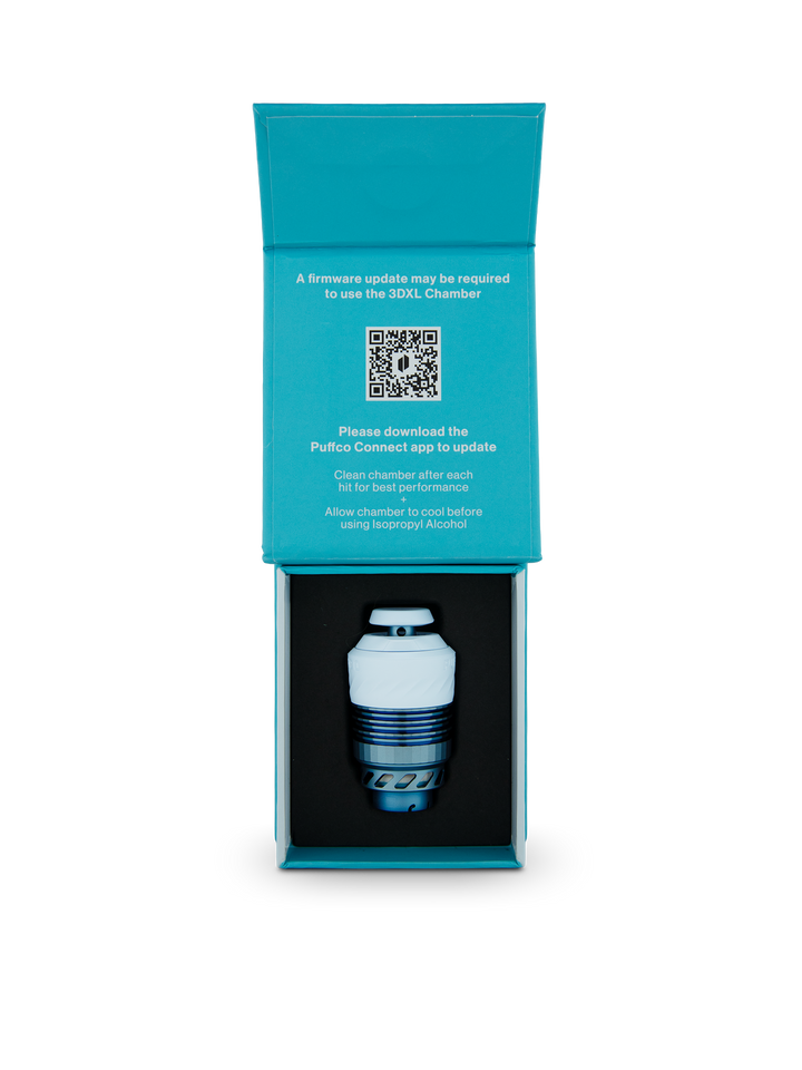 Opened Puffco Peak Pro 3DXL Chamber Glacier box showing the replacement heating chamber seated in the retail packaging.