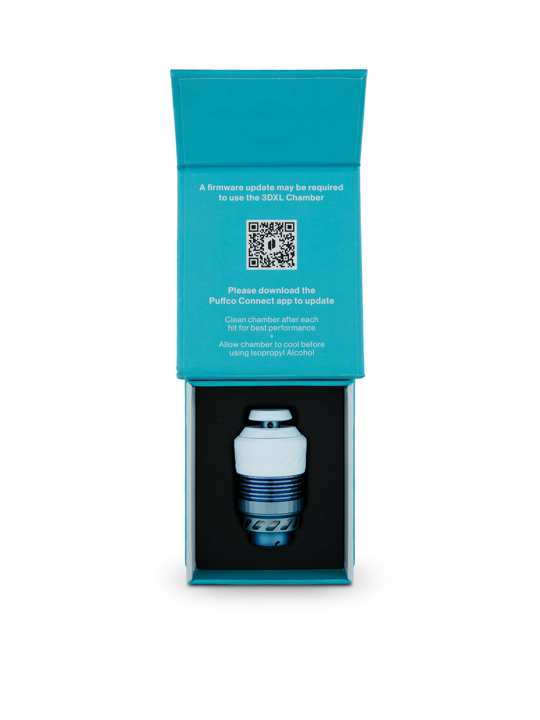 Opened Puffco Peak Pro 3DXL Chamber Glacier box showing the replacement heating chamber seated in the retail packaging.