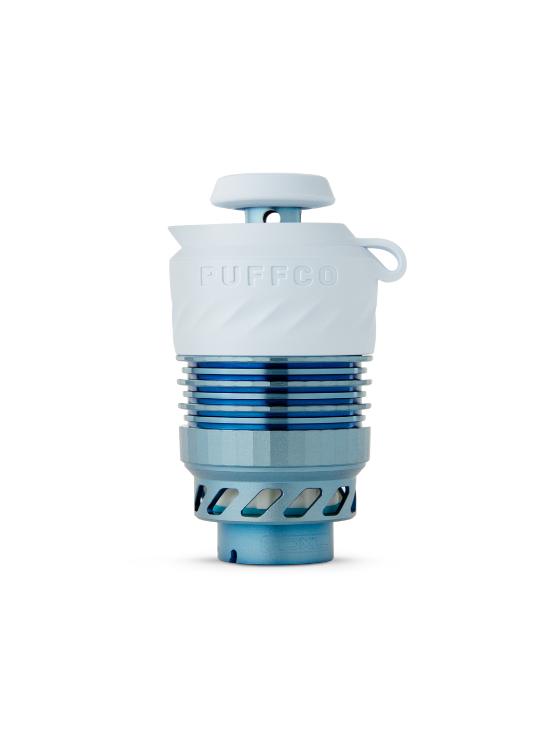 Puffco Peak Pro 3DXL Chamber in Glacier, the upgraded extra-large replacement heating chamber for the Puffco Peak Pro smart e-rig in the limited edition icy blue Glacier colorway.