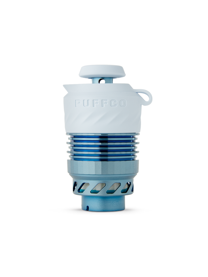 Puffco Peak Pro 3DXL Chamber in Glacier, the upgraded extra-large replacement heating chamber for the Puffco Peak Pro smart e-rig in the limited edition icy blue Glacier colorway.