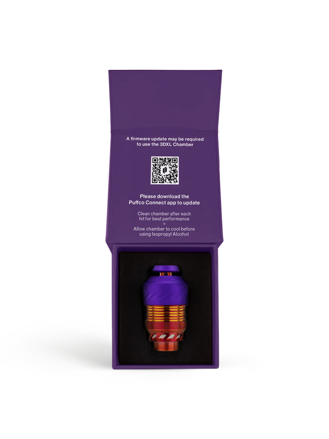 Opened Puffco Peak Pro 3DXL Chamber Plasma box showing the extra-large replacement heating chamber and included components arranged in the retail packaging.