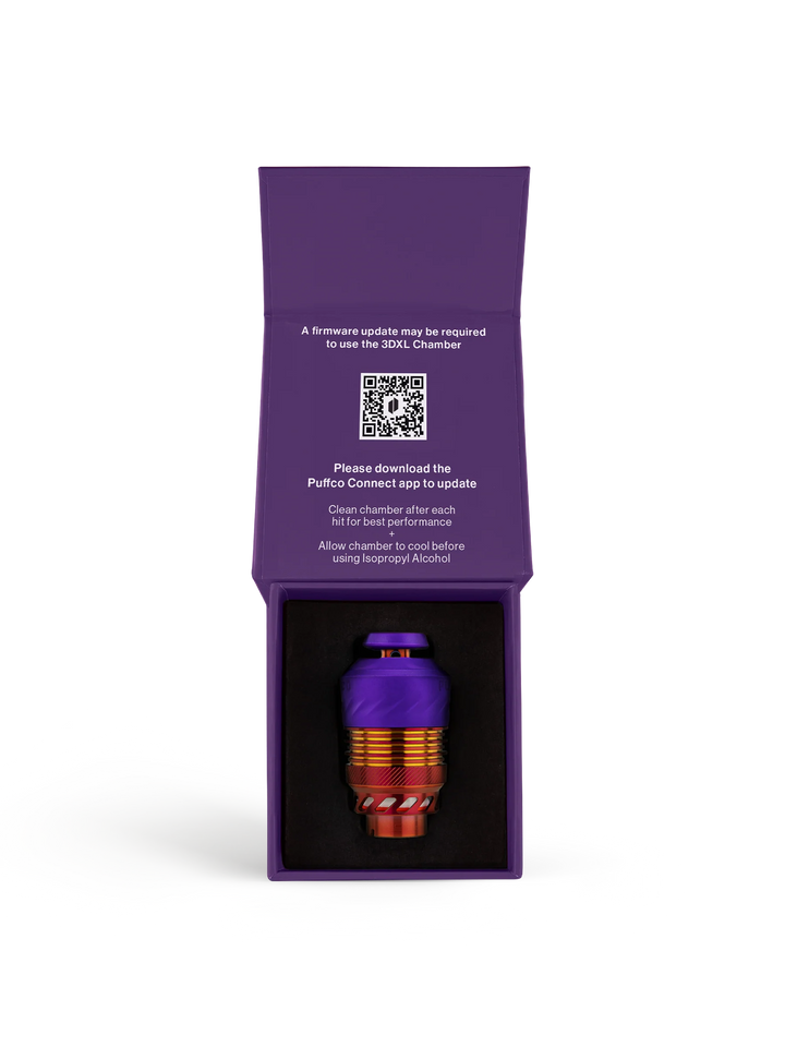 Opened Puffco Peak Pro 3DXL Chamber Plasma box showing the extra-large replacement heating chamber and included components arranged in the retail packaging.