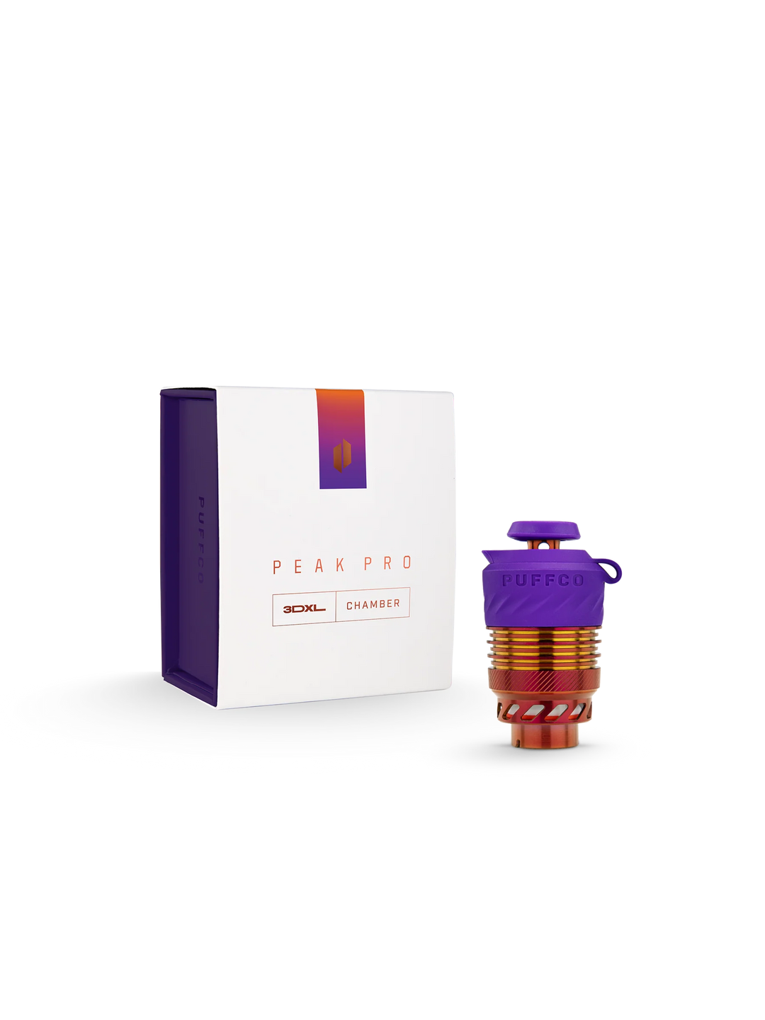 Puffco Peak Pro 3DXL Chamber in Plasma retail packaging, front of the box for the upgraded XL replacement atomizer chamber in the Plasma colorway.