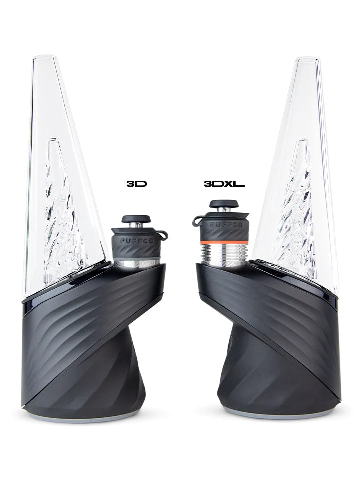 Puffco Peak Pro with 3DXL Chamber – silver 3DXL installed on device next to standard 3D chamber on Peak Pro.