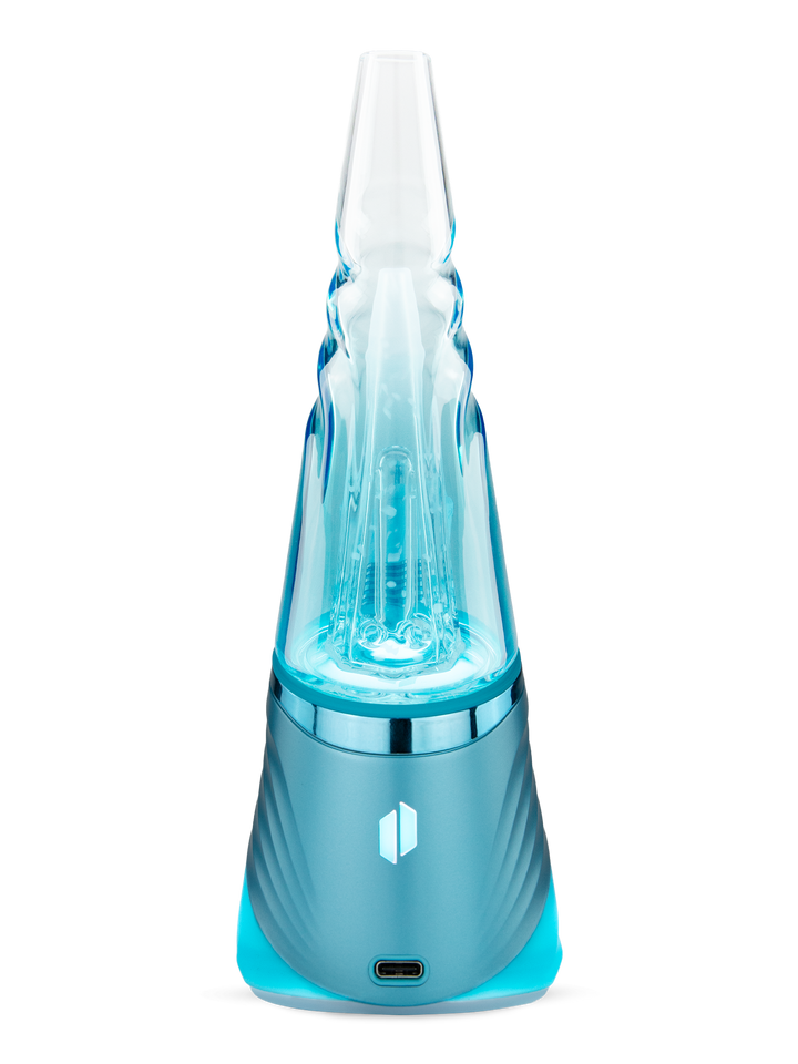 Puffco Peak Pro in Glacier, rear view of the smart e-rig vaporizer with the base light glowing.