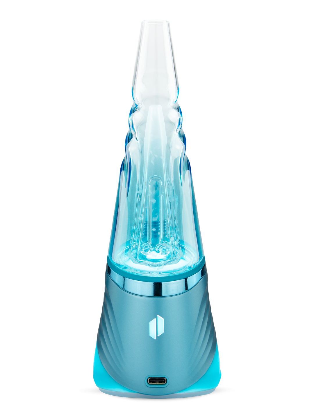 Puffco Peak Pro in Glacier, rear view of the smart e-rig vaporizer with the base light glowing.