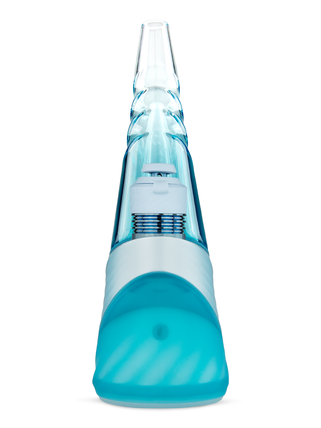 Puffco Peak Pro Smart E-Rig Vaporizer in Glacier, front view of the app-connected electronic dab rig with the translucent blue Glacier base and clear cone glass.