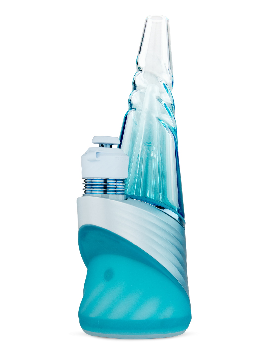 Puffco Peak Pro in Glacier, left front angled view of the smart electronic concentrate e-rig showing the icy blue Glacier base, glass mouthpiece and joystick carb cap.