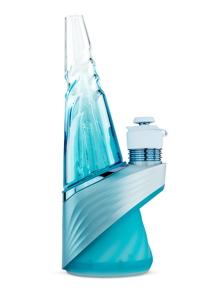 Puffco Peak Pro Smart E-Rig Vaporizer in Glacier, right-side profile of the portable app-controlled dab vaporizer in the limited edition Glacier colorway.