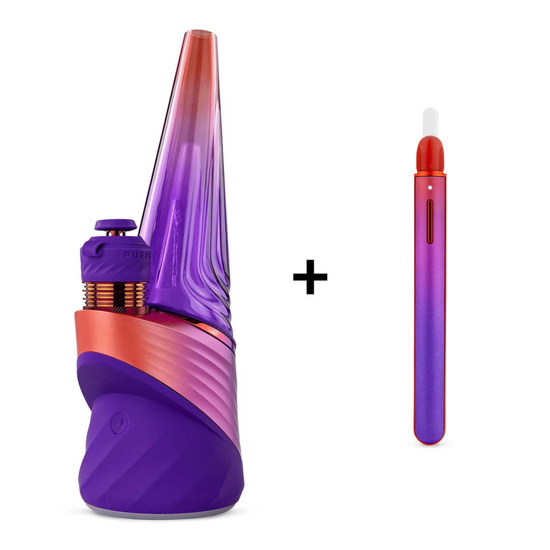 Puffco Peak Pro Bundle with Hot Knife in Plasma — complete dab kit pairing the Plasma-colorway Peak Pro smart e-rig (with 3DXL chamber) and the electric ceramic-tip Puffco Hot Knife loading tool.