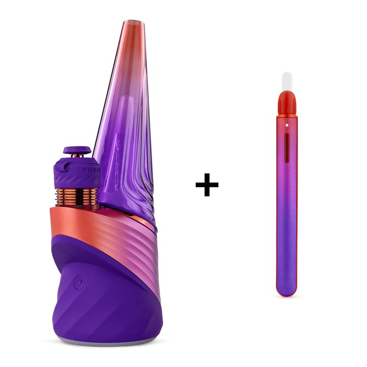 Puffco Peak Pro Bundle with Hot Knife in Plasma — complete dab kit pairing the Plasma-colorway Peak Pro smart e-rig (with 3DXL chamber) and the electric ceramic-tip Puffco Hot Knife loading tool.