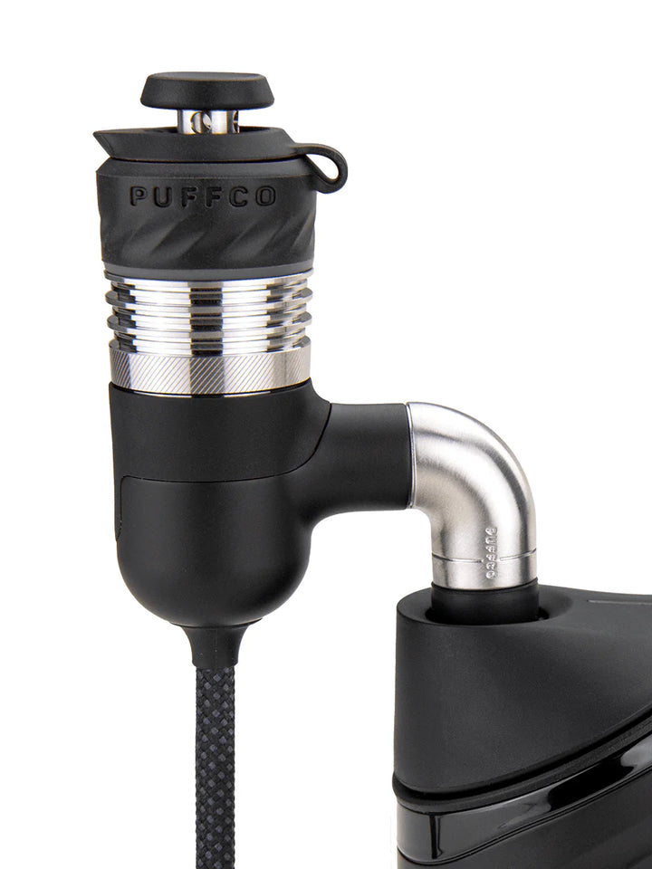 Puffco Peak Pro Link 3D chamber installed on angled glass joint adapter for precise temperature control