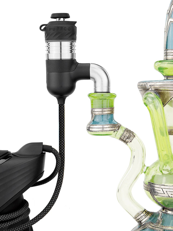 Puffco Peak Pro Link connected to glass water pipe rig showing smart e-rig conversion setup