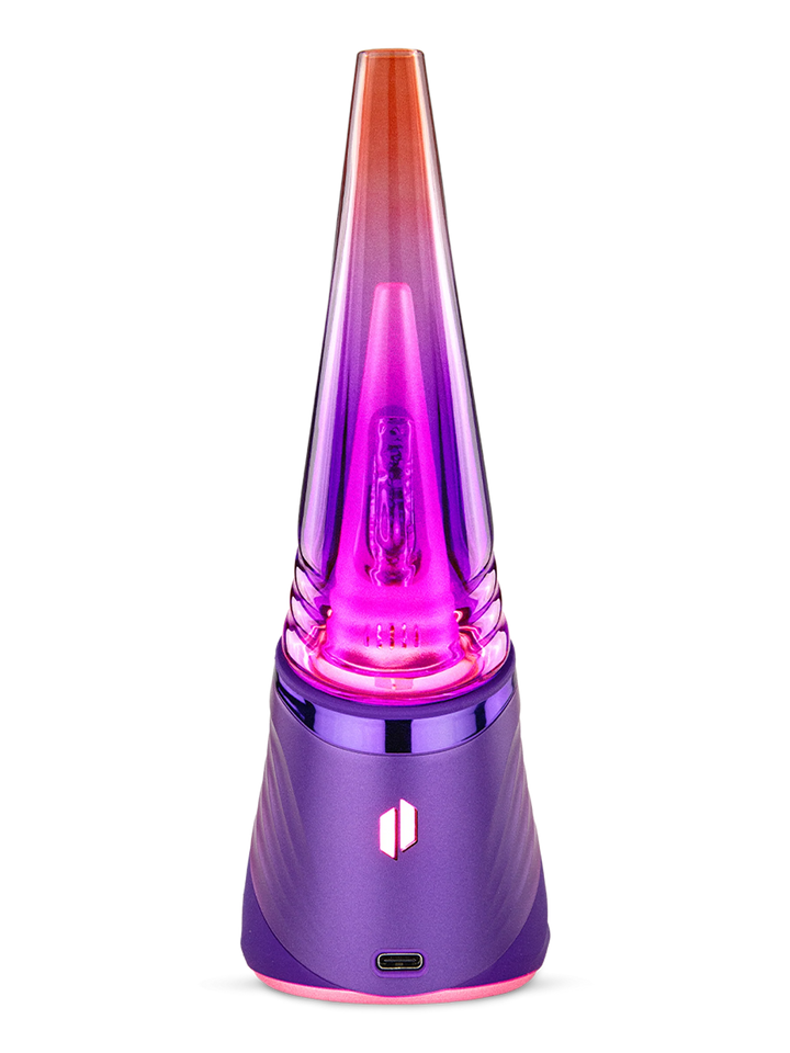 Puffco Peak Pro in Plasma, rear view of the smart e-rig vaporizer highlighting the Plasma-finish base and the cone glass mouthpiece.