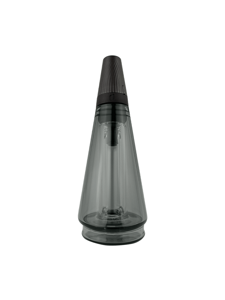 Smoke-tinted Puffco Peak Pro Travel Glass with black silicone top, stylish spill-proof design