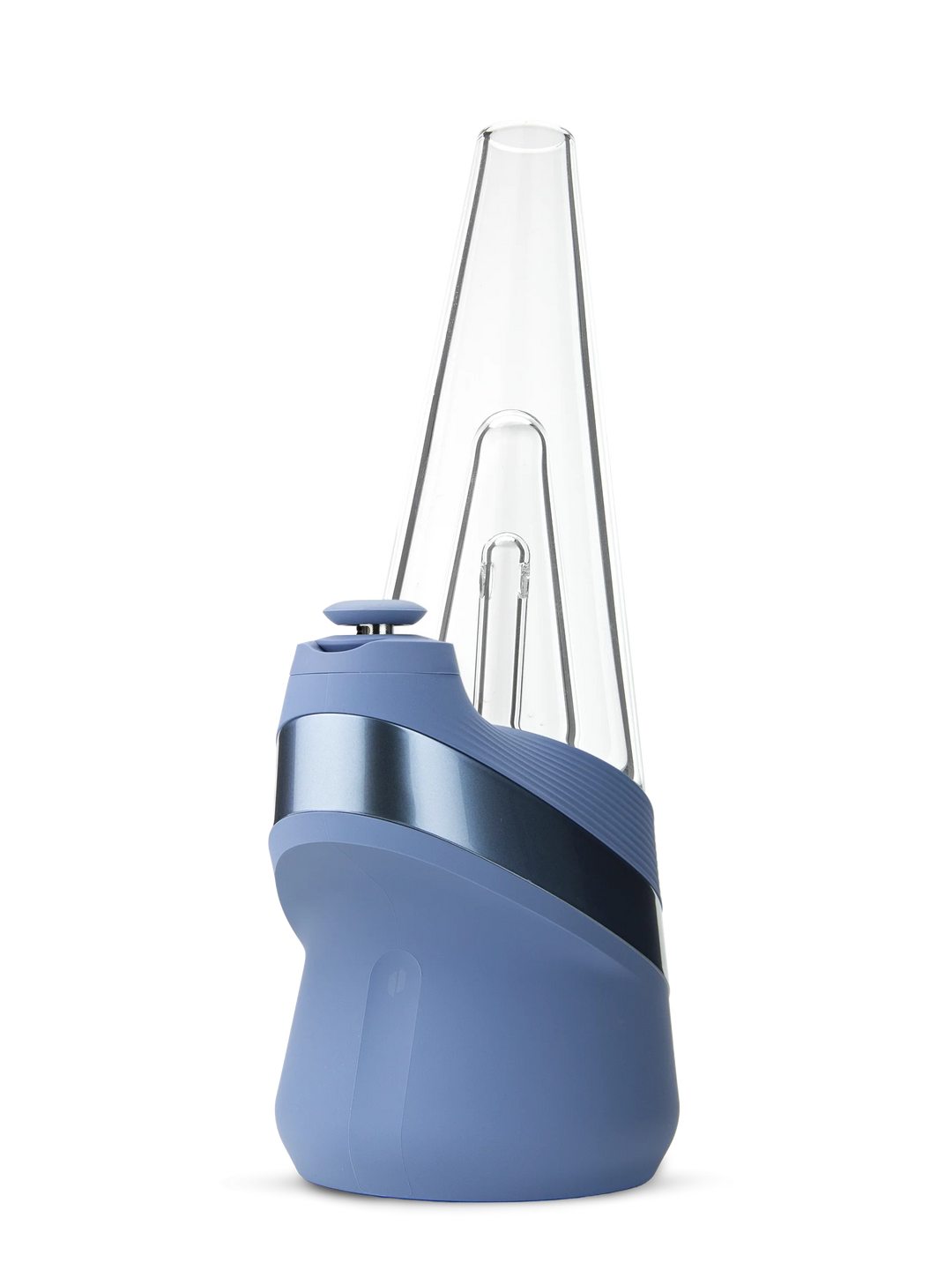 Puffco Peak Sapphire — 3D chamber smart e-rig in sapphire blue with glass cone, angled left front view