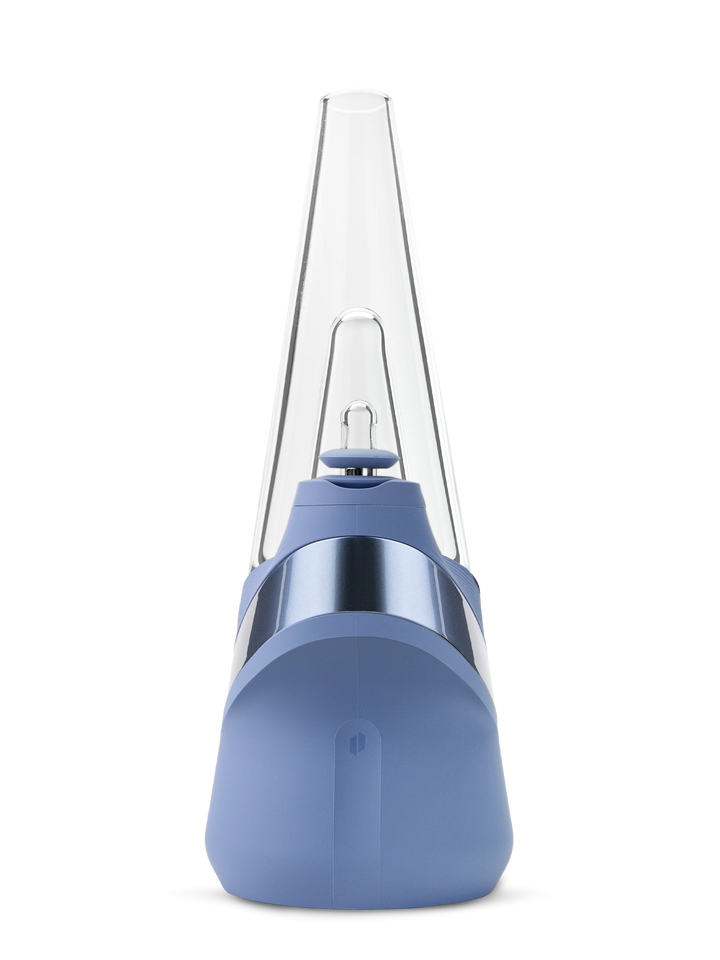 Puffco Peak Sapphire — smart e-rig front view with LED accent band and sapphire blue silicone base