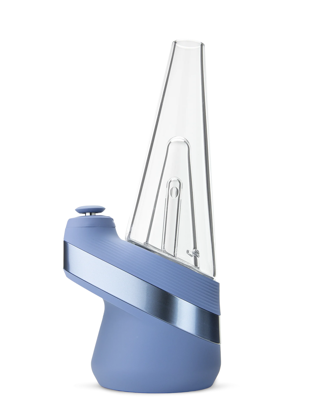 Puffco Peak Sapphire — left side profile of 3D chamber smart e-rig with sapphire blue silicone base