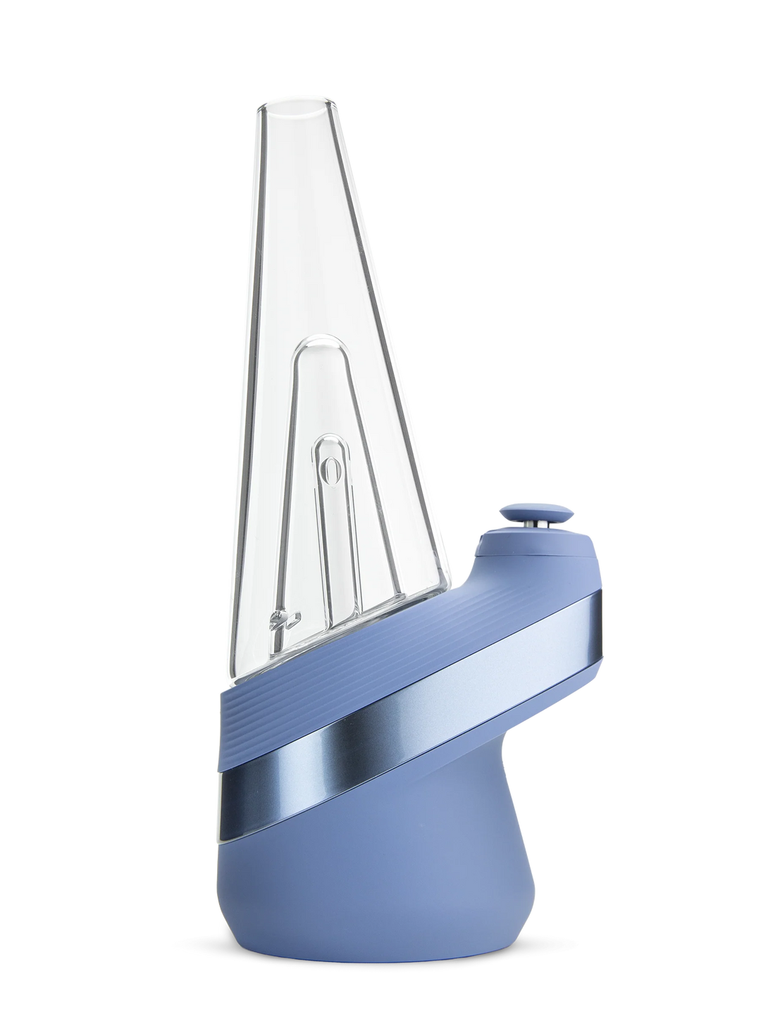 Puffco Peak Sapphire — right side profile showing glass cone and sapphire blue silicone base contour