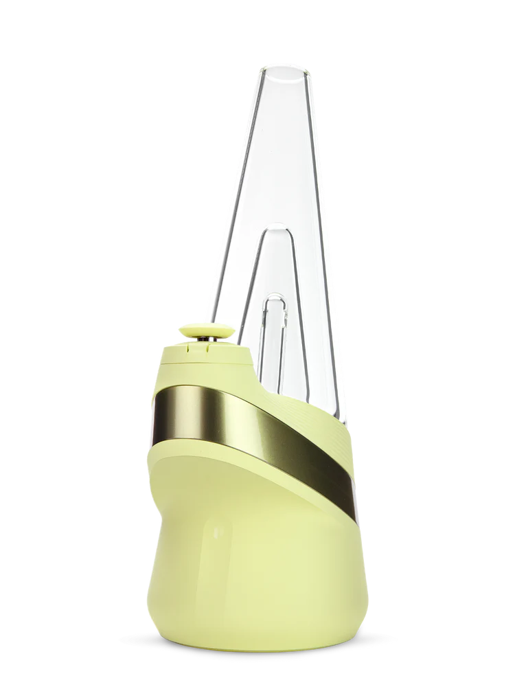 Puffco Peak Zest — 3D chamber smart e-rig in bright zest yellow with glass cone, angled left front view