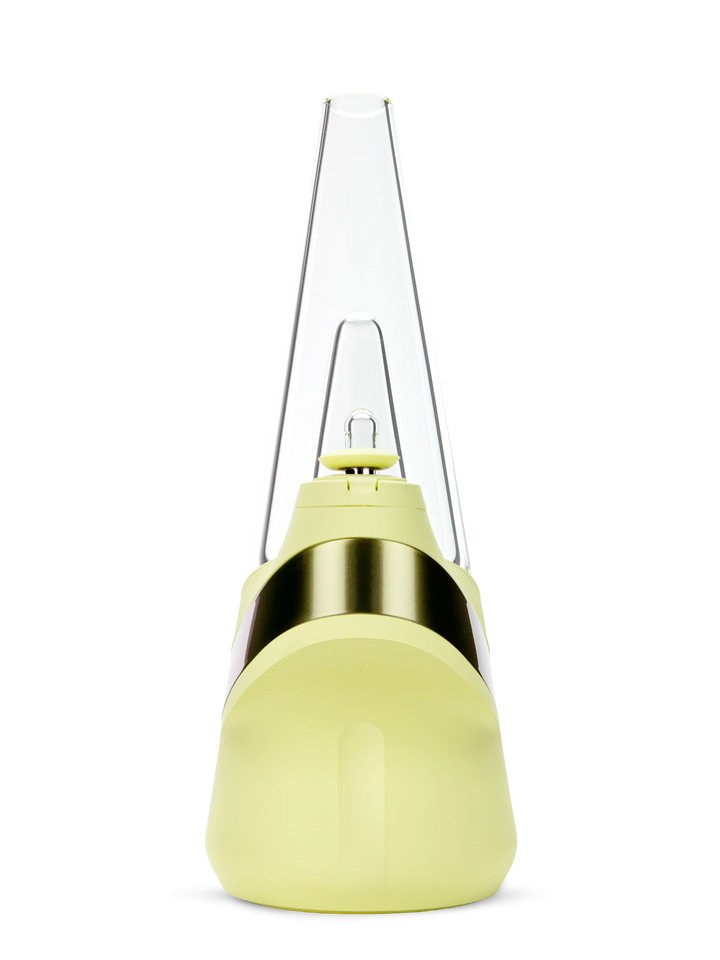 Puffco Peak Zest — smart e-rig front view with LED accent band and zest yellow silicone base