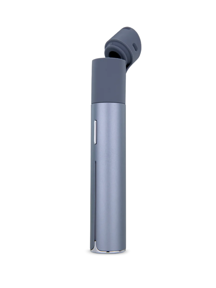 Puffco Pivot Mouthpiece attached to vaporizer, tilted open to show flexible silicone tip