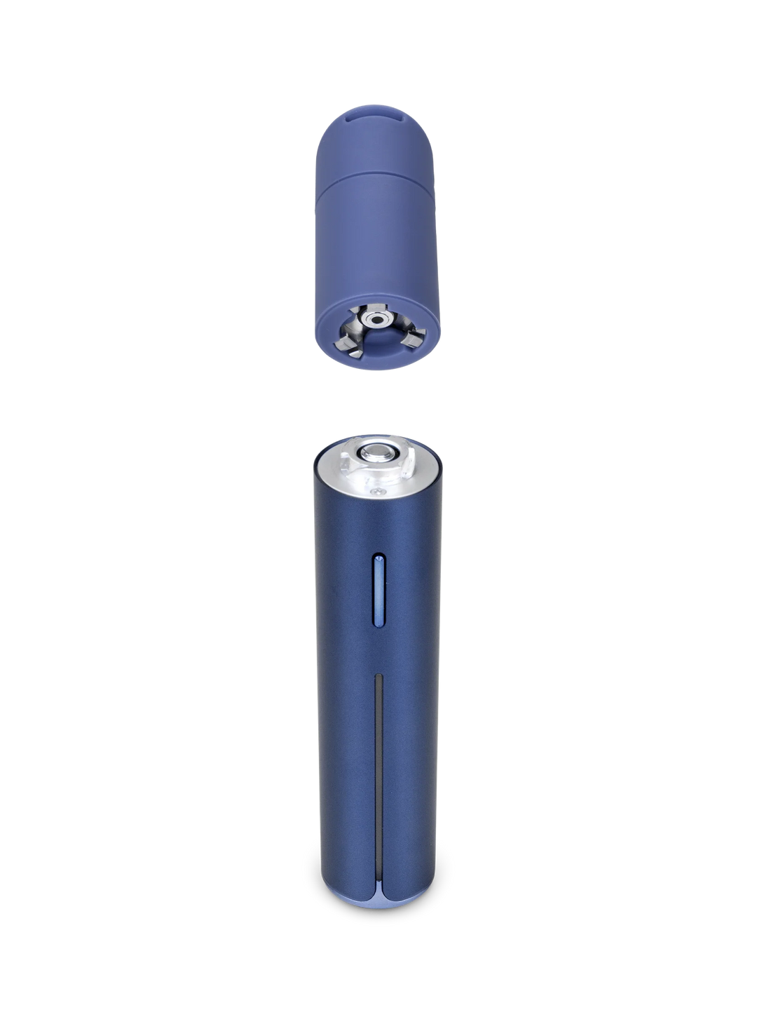 Puffco Pivot Sapphire — atomizer chamber detached from battery base for cleaning, sapphire blue finish