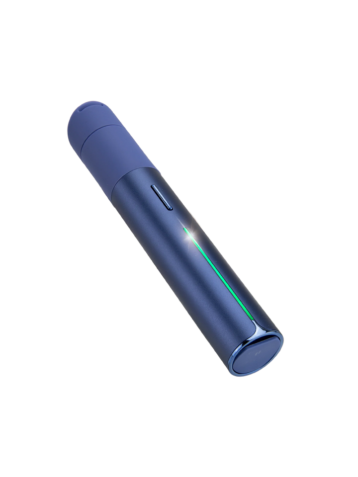 Puffco Pivot Sapphire — angled floating image showcasing sapphire blue finish and LED indicator band