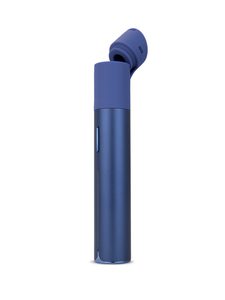 Puffco Pivot Sapphire — mouthpiece open revealing vapor pathway and chamber, sapphire blue colorway