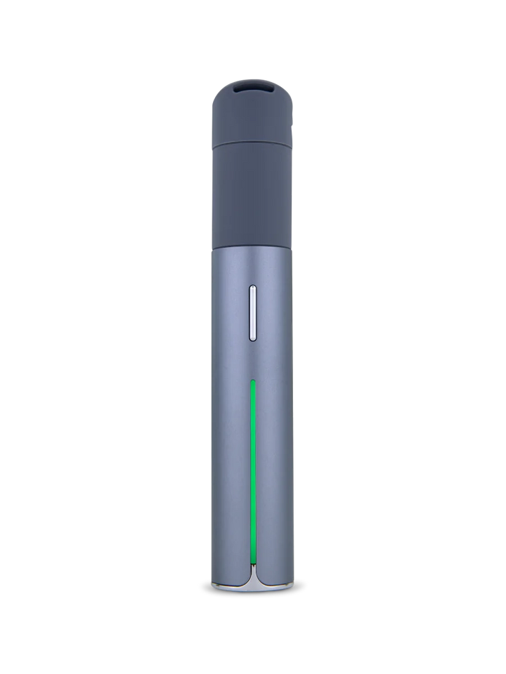 Puffco Pivot Slate – angled floating image showcasing polished blue-gray body and LED band.