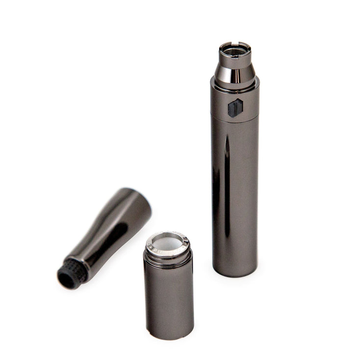 Disassembled gunmetal New Puffco Plus Pen showing ceramic chamber and mouthpiece, ideal for concentrate vaping at 33% OFF.