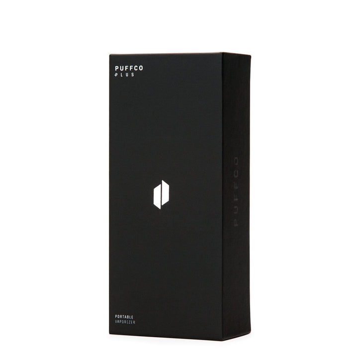 Black retail box packaging of the New Puffco Plus Pen portable vaporizer, highlighting premium branding and 33% OFF offer.