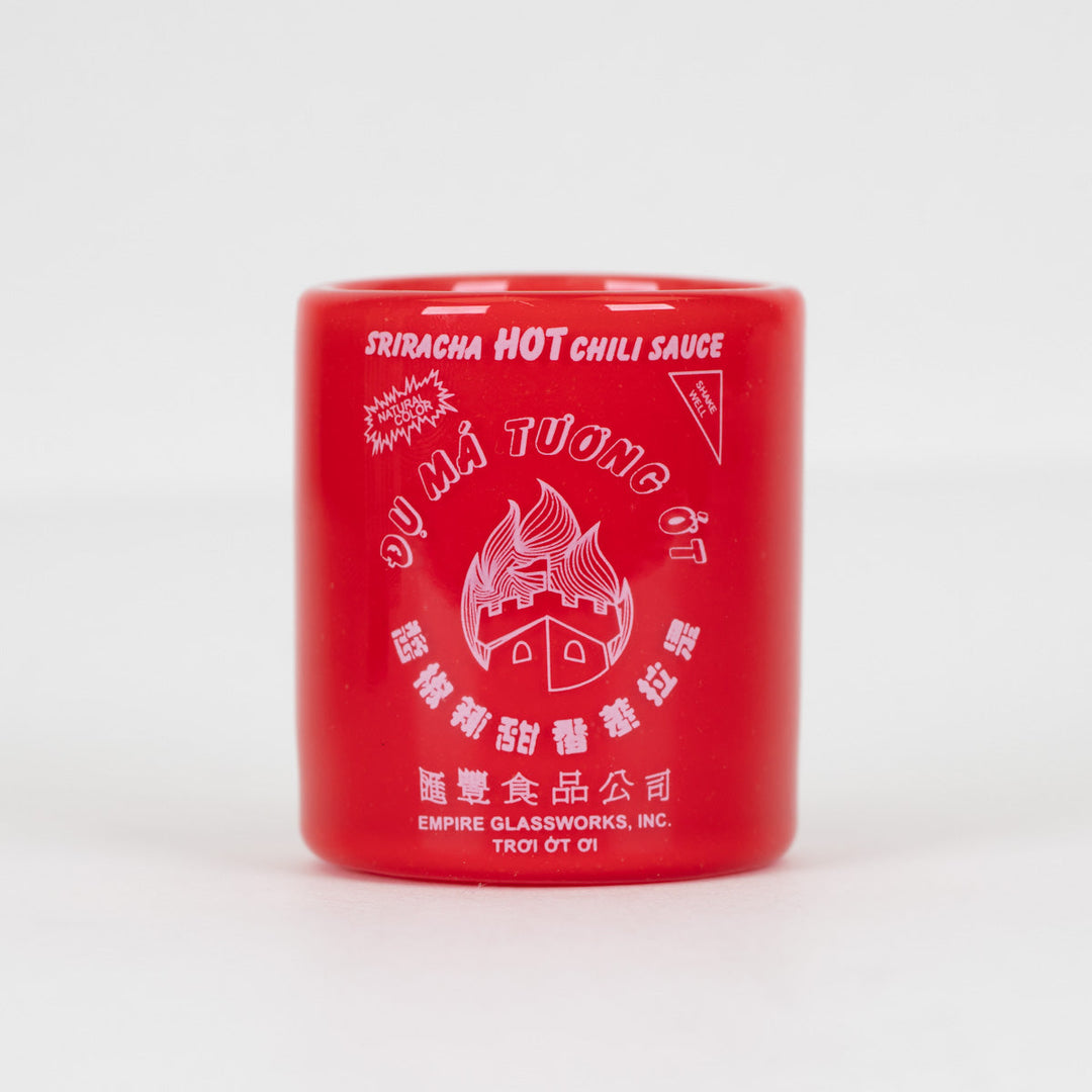 Empire Glassworks Sriracha Sauce Puffco Proxy Core Attachment, red hot sauce bottle glass on its own, front view.