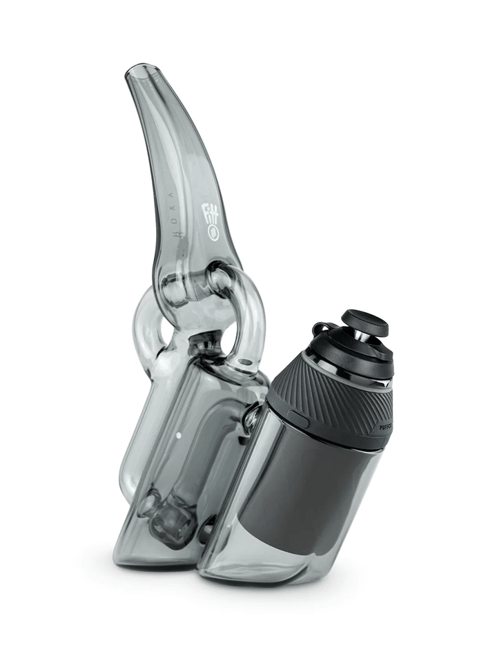 Angled view of Puffco Proxy Recycler with attached vaporizer, highlighting Ryan Fitt's signature glasswork and ergonomic design.