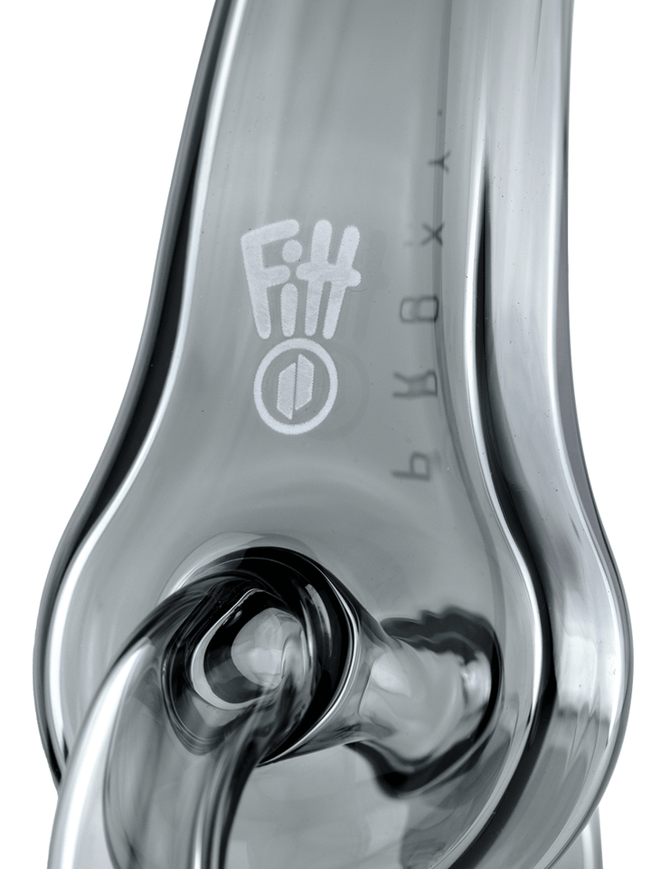 Close-up of Ryan Fitt's signature logo on the Puffco Proxy Recycler, showcasing the artisan branding on this high-end vapor accessory.