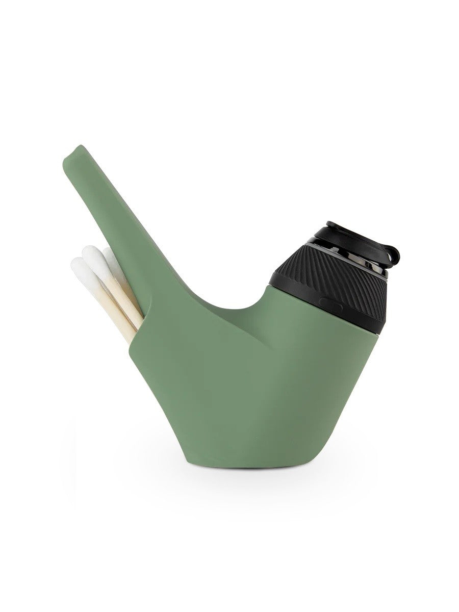 Puffco proxy silicone pipe in green color with storage of cotton swabs in the back